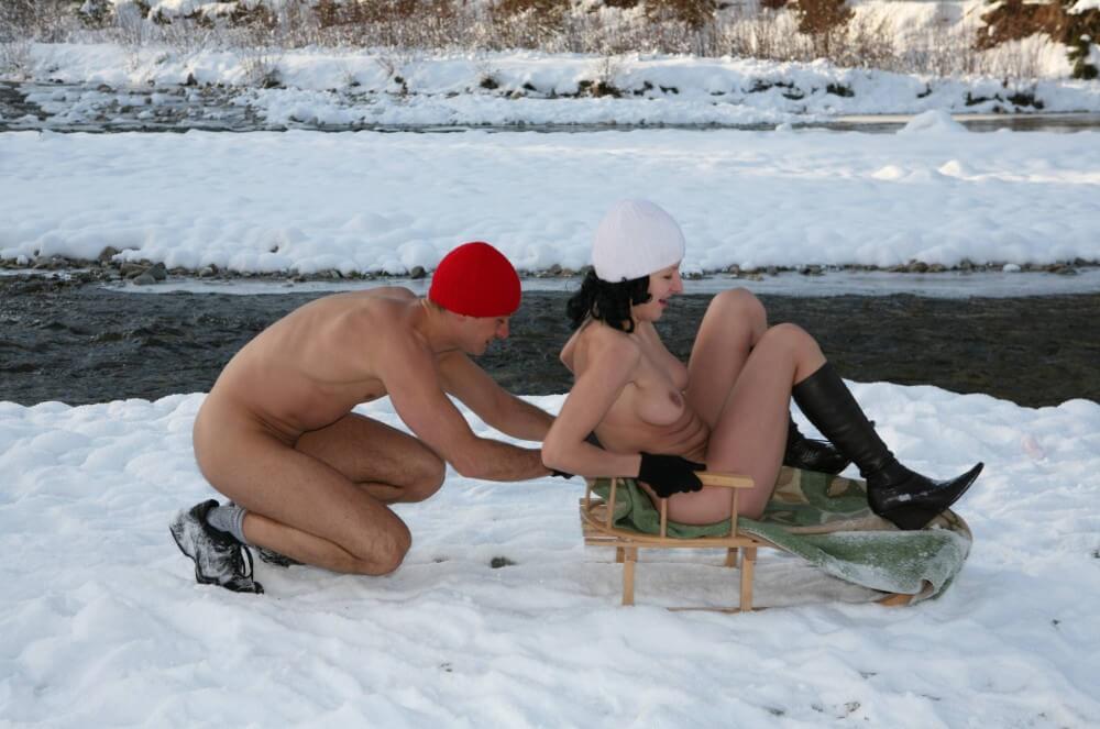 Naturist Girl Snow Day Couples Sled pics - Naturists value harmony with nature and a simple way of life